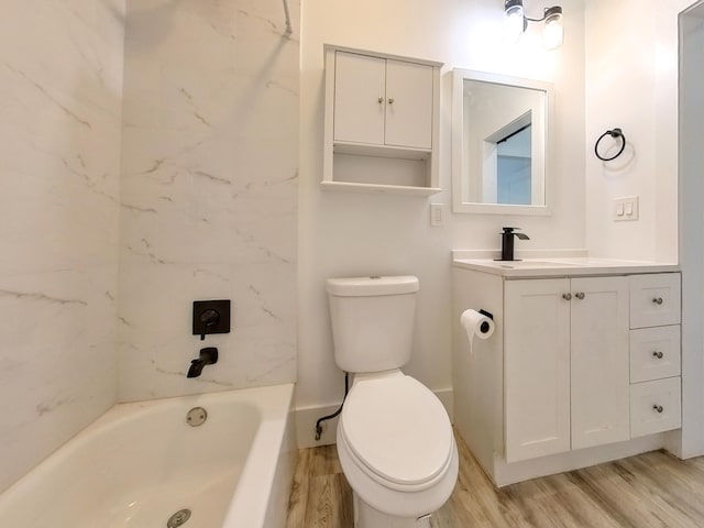 full bathroom featuring vanity,  shower combination, toilet, and wood-type flooring