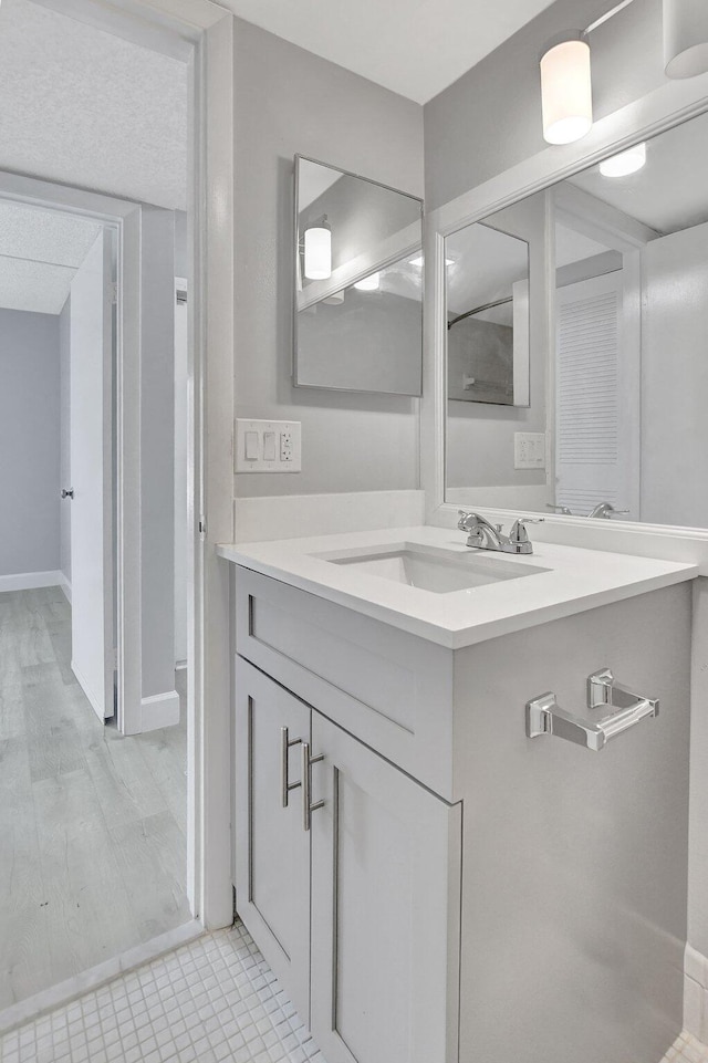 bathroom featuring vanity and hardwood / wood-style flooring