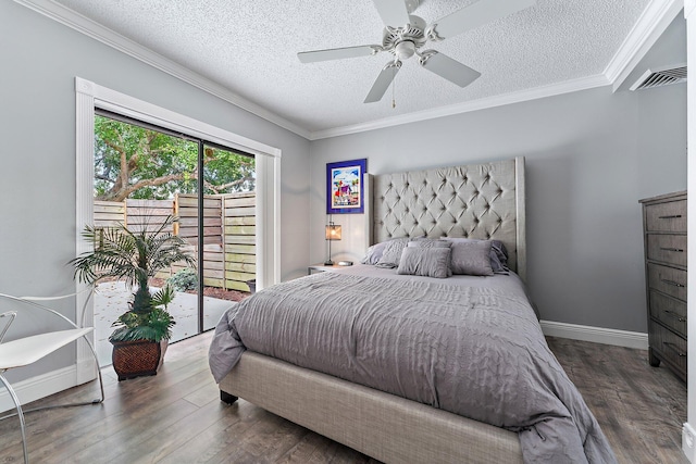 411 4th Ter, Palm Beach Gardens, FL 33418 - bedroom featuring wood finished floors, a textured ceiling, crown molding, access to outside, and a ceiling fan