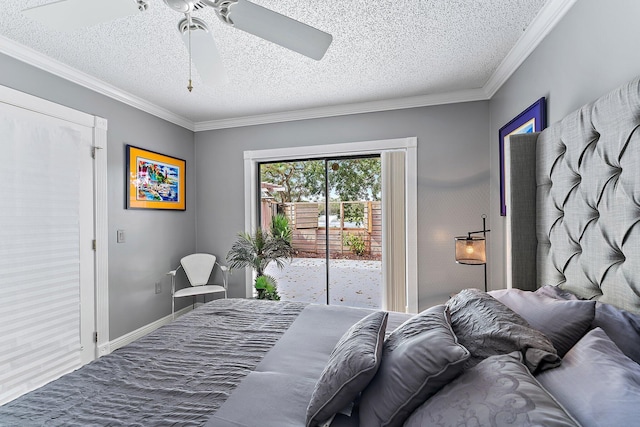 411 4th Ter, Palm Beach Gardens, FL 33418 - bedroom with access to exterior, a textured ceiling, crown molding, and a ceiling fan