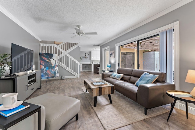 411 4th Ter, Palm Beach Gardens, FL 33418 - living room featuring crown molding, wood finished floors, a textured ceiling, ceiling fan, and stairs