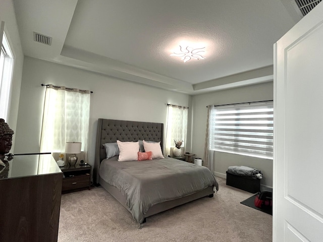 bedroom featuring a textured ceiling, a raised ceiling, and light carpet