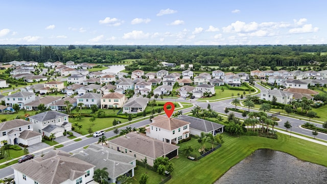 drone / aerial view featuring a water view