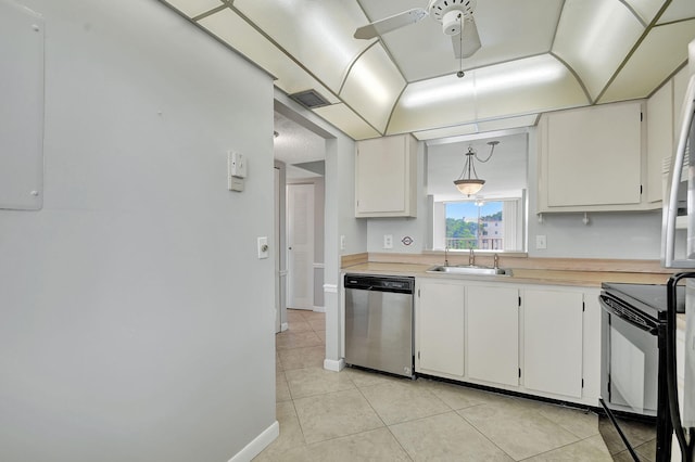 kitchen with hanging light fixtures, stainless steel dishwasher, and white cabinets