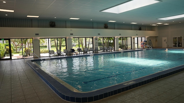 view of pool with a skylight