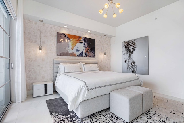 bedroom featuring a chandelier and light tile patterned flooring