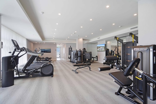 workout area featuring light hardwood / wood-style floors