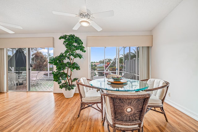 dining space featuring a textured ceiling, a wealth of natural light, light wood-type flooring, and ceiling fan