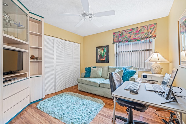 office space with light hardwood / wood-style flooring, a textured ceiling, and ceiling fan