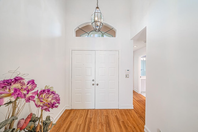 entryway featuring light hardwood / wood-style floors and a high ceiling