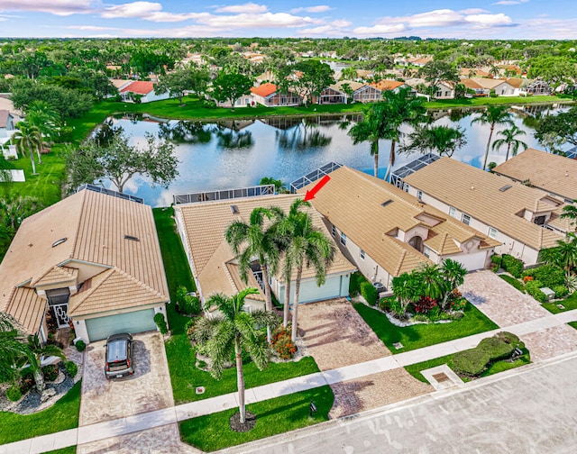 drone / aerial view featuring a water view