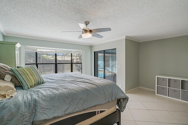 bedroom featuring ceiling fan, ornamental molding, a textured ceiling, and light tile patterned floors