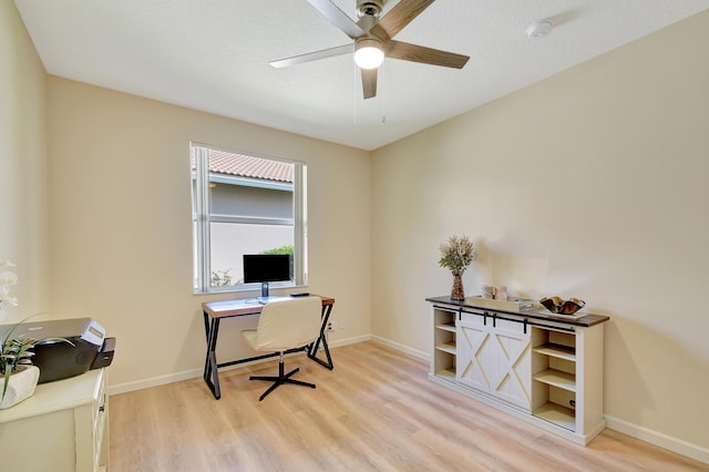 home office featuring ceiling fan, a textured ceiling, and light wood-type flooring