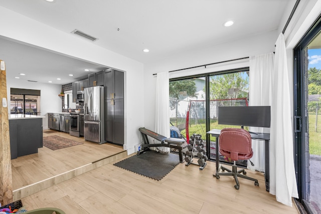 workout area featuring light hardwood / wood-style flooring and a wealth of natural light