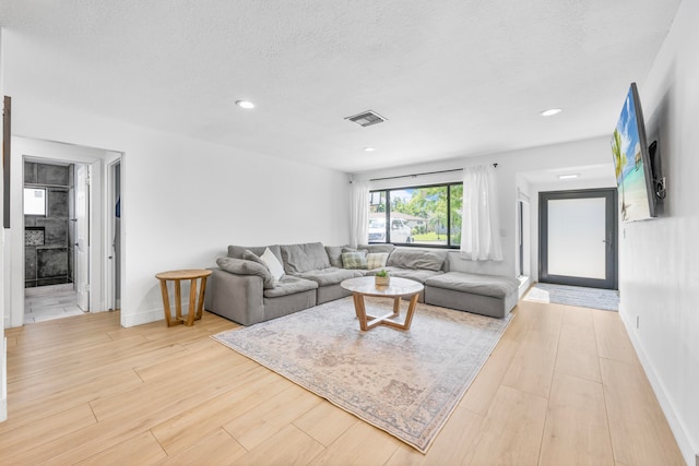 living room with a textured ceiling and light hardwood / wood-style floors