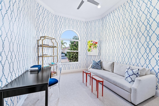 office featuring ceiling fan, ornamental molding, and carpet floors