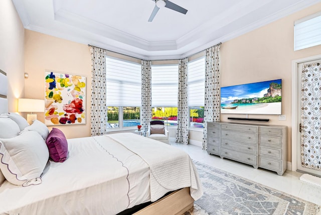 bedroom with ceiling fan, crown molding, and light tile patterned flooring