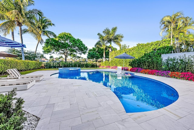 view of swimming pool with a patio area and an in ground hot tub