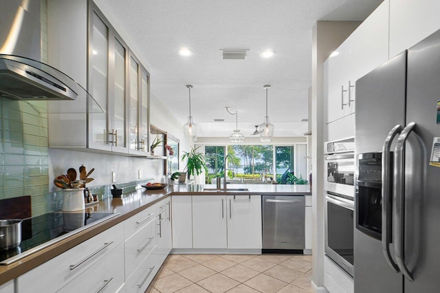 kitchen featuring sink, white cabinetry, stainless steel appliances, decorative backsplash, and wall chimney exhaust hood