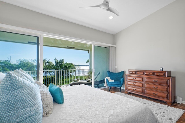 bedroom featuring ceiling fan, wood-type flooring, and access to outside