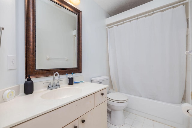 full bathroom featuring shower / tub combo, tile patterned floors, vanity, and toilet