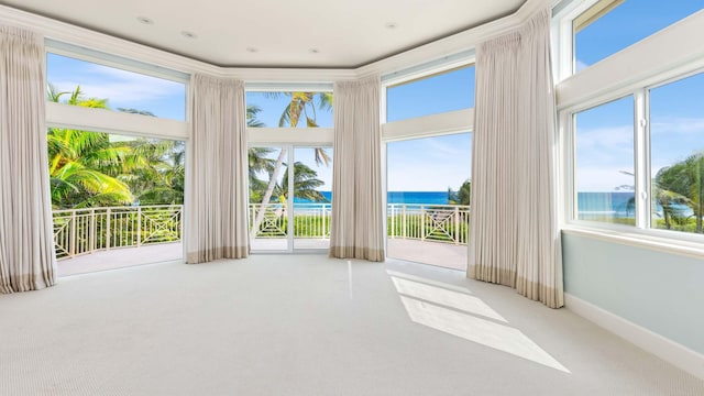 unfurnished sunroom with a water view and a healthy amount of sunlight