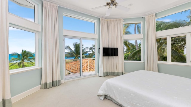 carpeted bedroom featuring ceiling fan and access to exterior