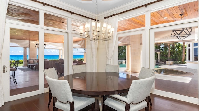 dining space featuring a notable chandelier, dark hardwood / wood-style floors, a water view, and wood ceiling