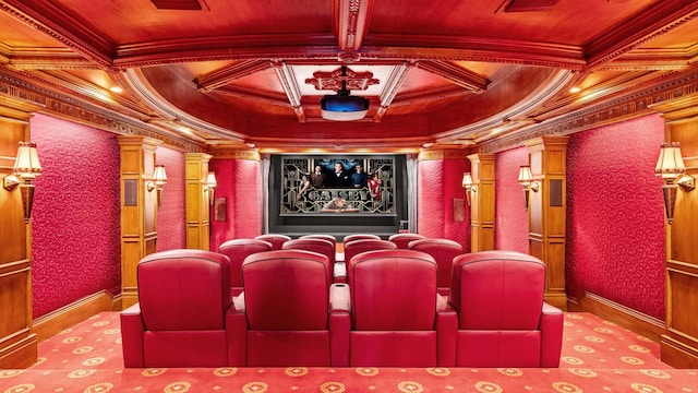 cinema room featuring coffered ceiling and ornamental molding