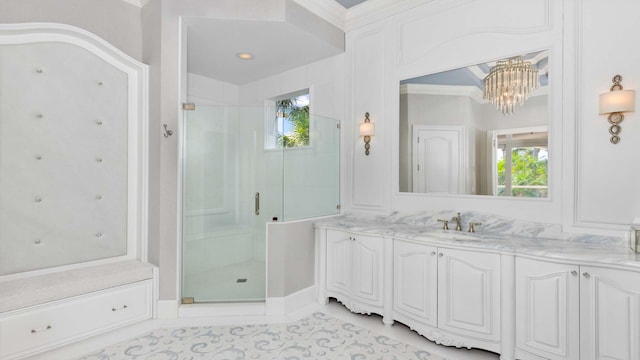 bathroom featuring walk in shower, plenty of natural light, and ornamental molding