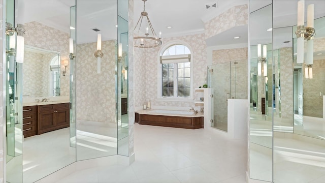 bathroom featuring tile patterned floors, vanity, plus walk in shower, crown molding, and a chandelier