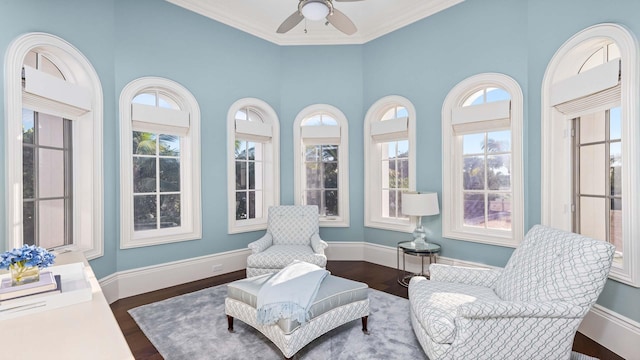 sunroom / solarium featuring a wealth of natural light and ceiling fan