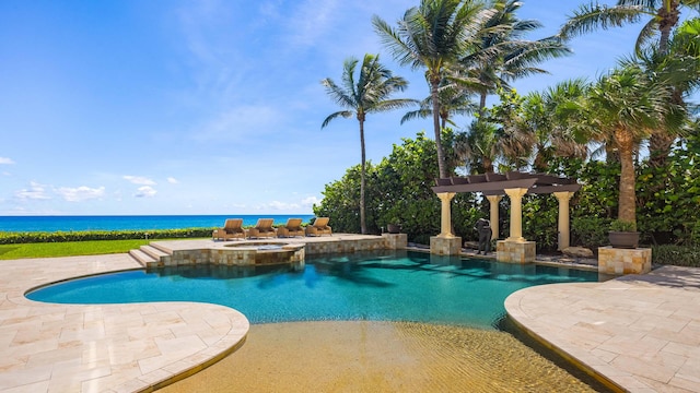 view of pool with a water view, a pergola, an in ground hot tub, and a patio