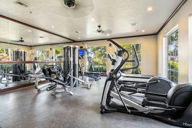 workout area featuring a textured ceiling, ceiling fan, and crown molding