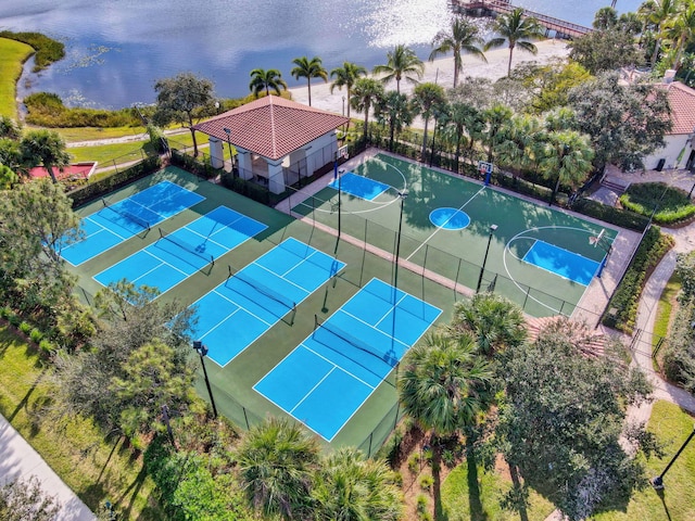 drone / aerial view featuring a water view