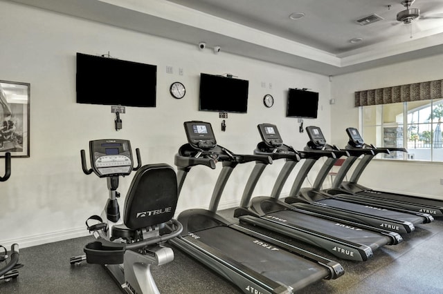 workout area with ceiling fan