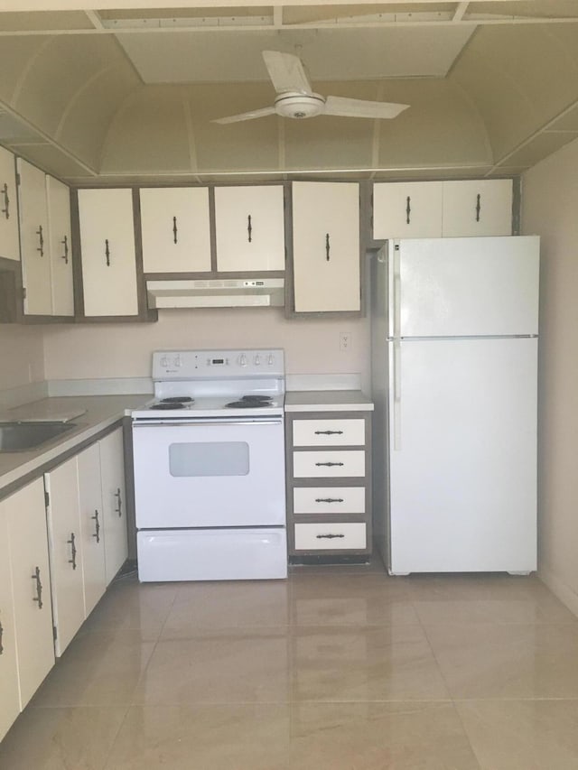 kitchen featuring white cabinets, white appliances, light tile patterned floors, ceiling fan, and sink