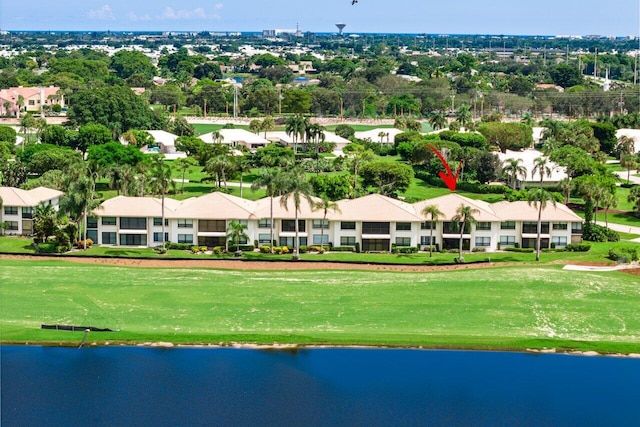 drone / aerial view with a water view