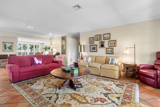 tiled living room featuring visible vents, a textured ceiling, and crown molding