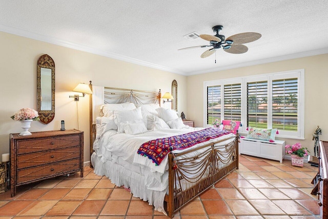 bedroom with visible vents, crown molding, light tile patterned flooring, a textured ceiling, and a ceiling fan
