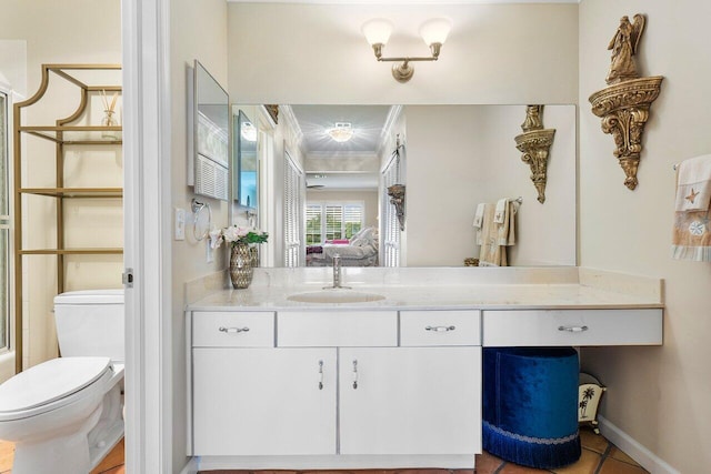 bathroom with walk in shower, tile patterned floors, vanity, and toilet