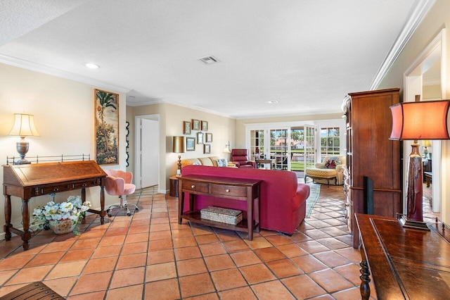 living room featuring ornamental molding, light tile patterned floors, and a textured ceiling