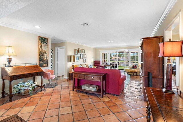 living room featuring crown molding, recessed lighting, baseboards, light tile patterned floors, and visible vents