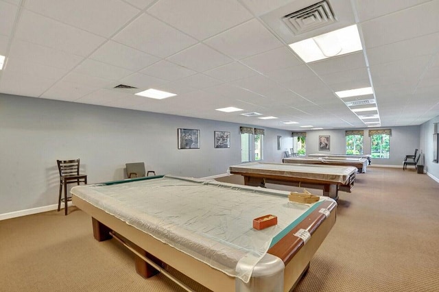 rec room with a drop ceiling, light colored carpet, and billiards