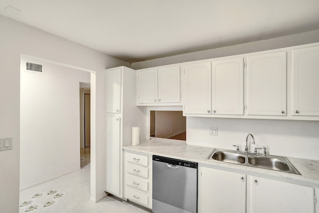 kitchen featuring stainless steel dishwasher, sink, and white cabinetry