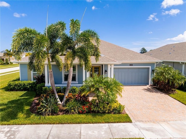 single story home with a garage and a front lawn