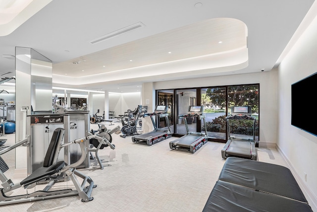 workout area featuring a tray ceiling and light carpet