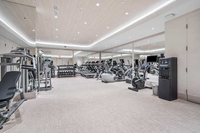 workout area featuring a raised ceiling and light carpet