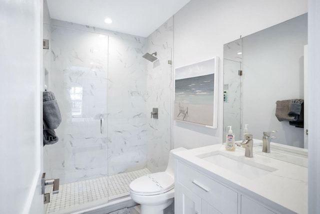 full bath with toilet, vanity, and a marble finish shower