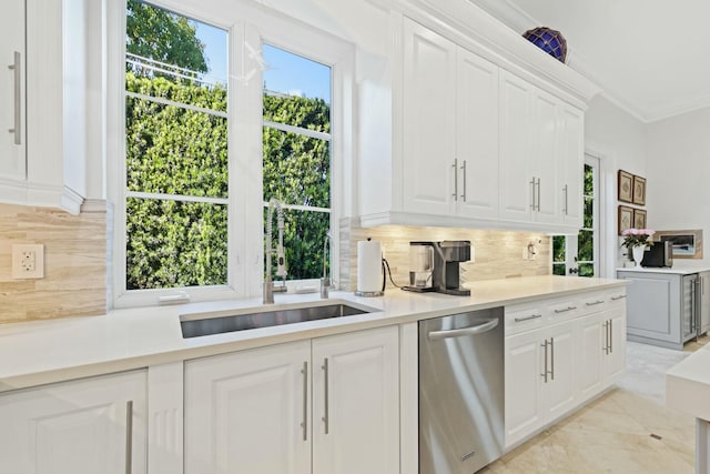 kitchen with tasteful backsplash, sink, white cabinets, and stainless steel dishwasher